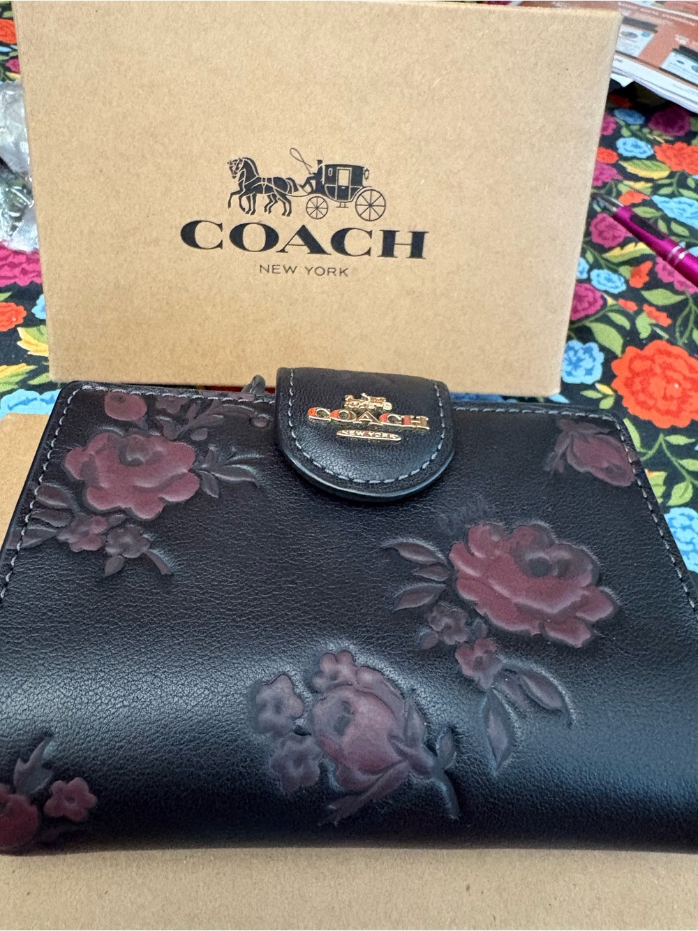 Coach Black Wallet with Deep Rose Floral Embossing